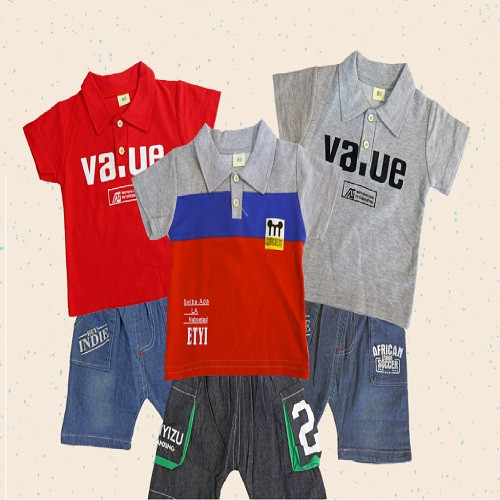 Setelan Pendek Cowok Anak Cowok 05 Kujaieyu - Celana Jeans Pendek & Kaos Jeans Import