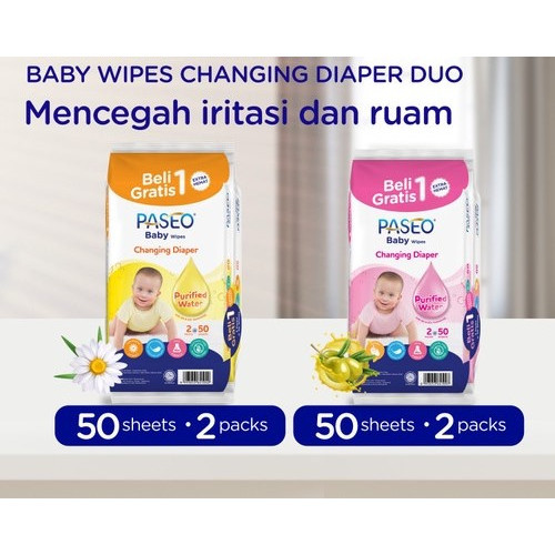 Paseo Baby Wipes Jojoba dan Chamomile 50 Sheet - Tisu Basah Buy 1 Get 1